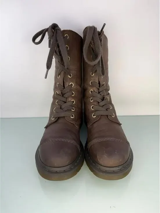Dr Martens Aimilita W Sz 9 Brown Leather Fold Down Herringbone Tweed Lined Boots - Picture 3 of 9